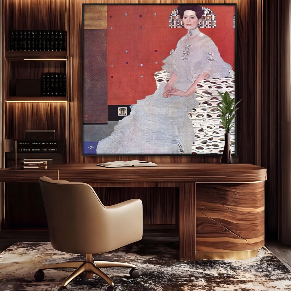Tablou canvas cu reproducere pictura fritza riedler de klimt, in rama de aluminiu negru, pe perete intr-un birou